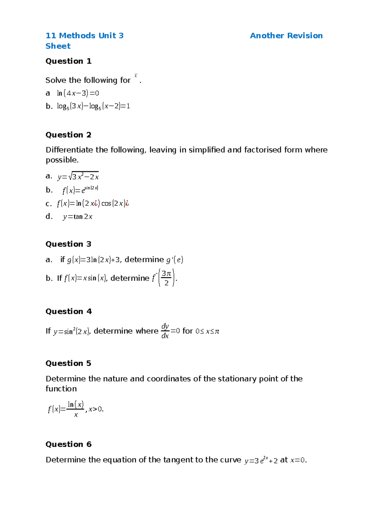 11 Methods Unit 3 Test - Calculus 12 Practice Questions - Studocu
