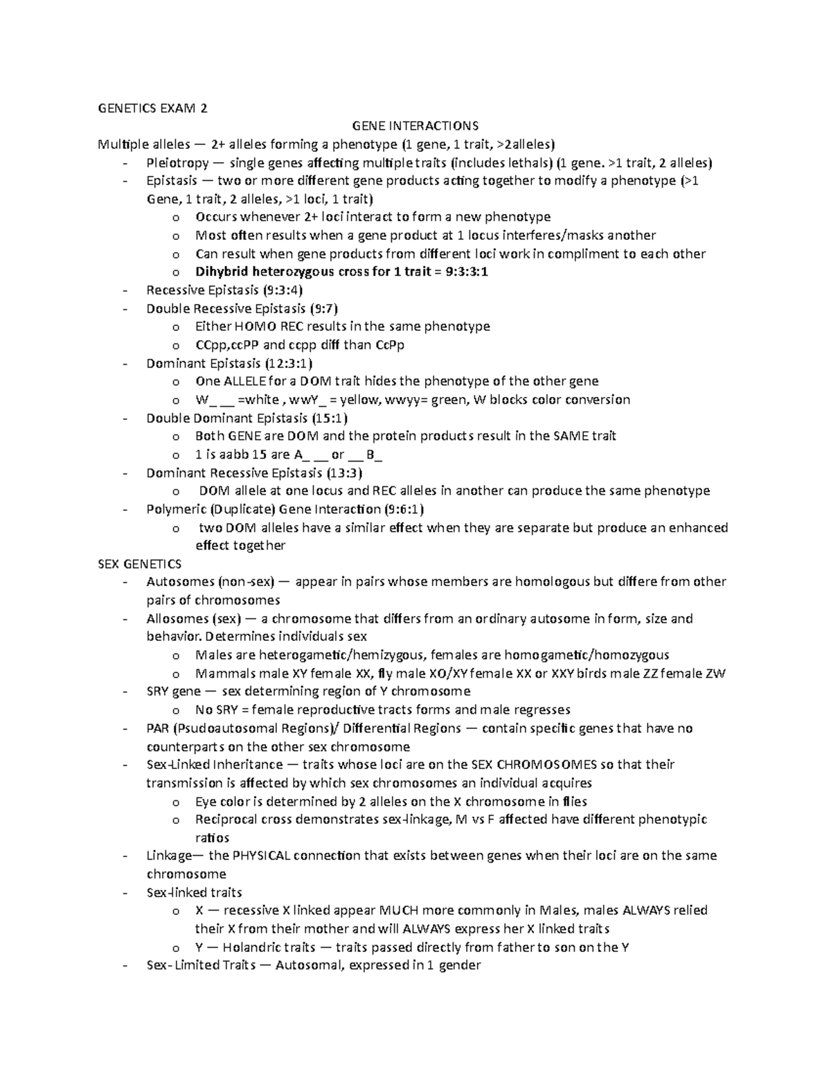 BIOL3000 - Genetics Exam 2 Lecture Notes Summary - Studocu