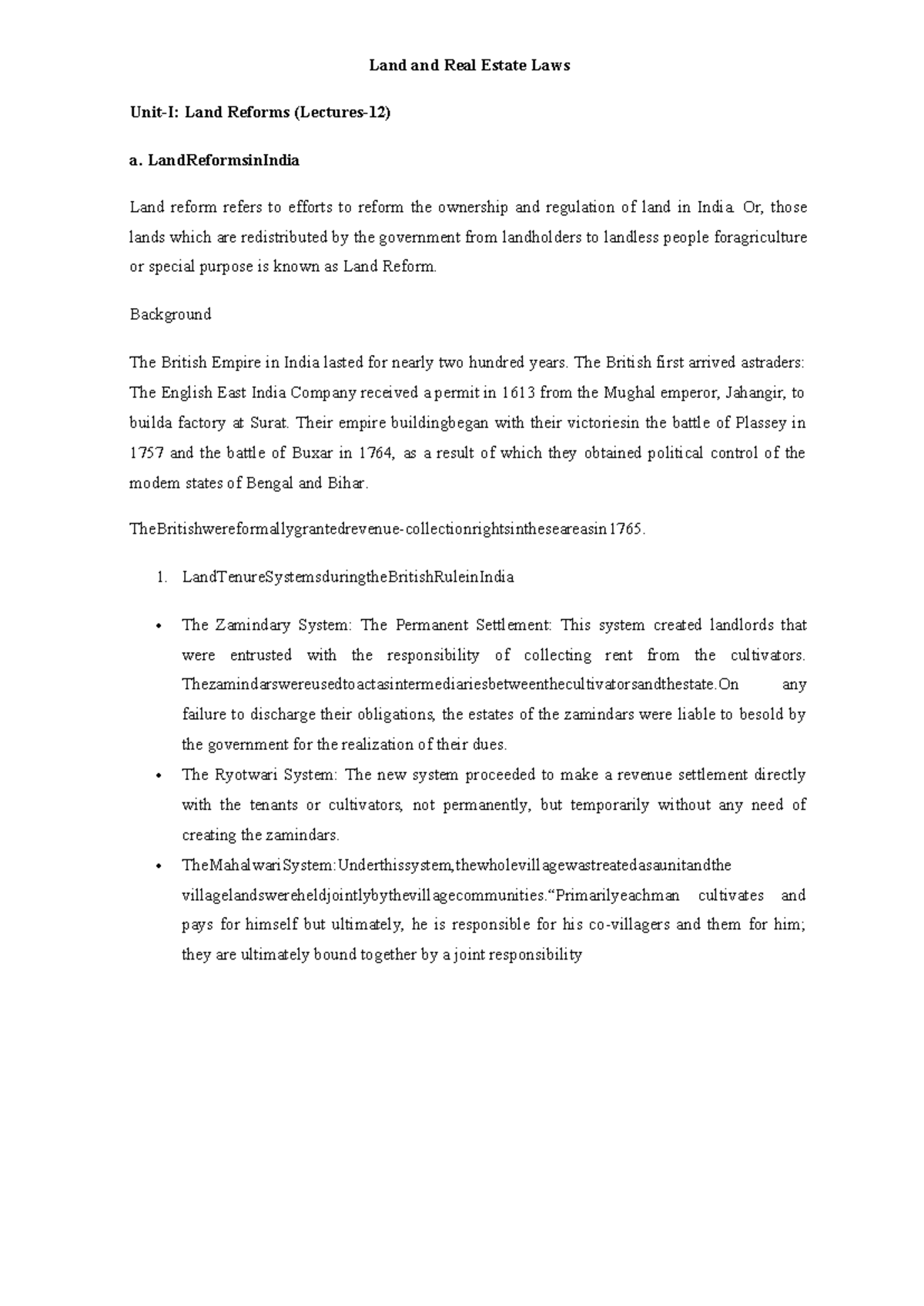 Unit 1: Land Reforms in India - Comprehensive Notes and Analysis - Studocu