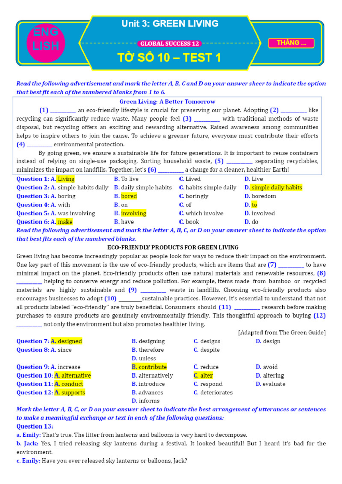 Unit 3: Green Living Global Success - Test 1 Questions and Answers ...