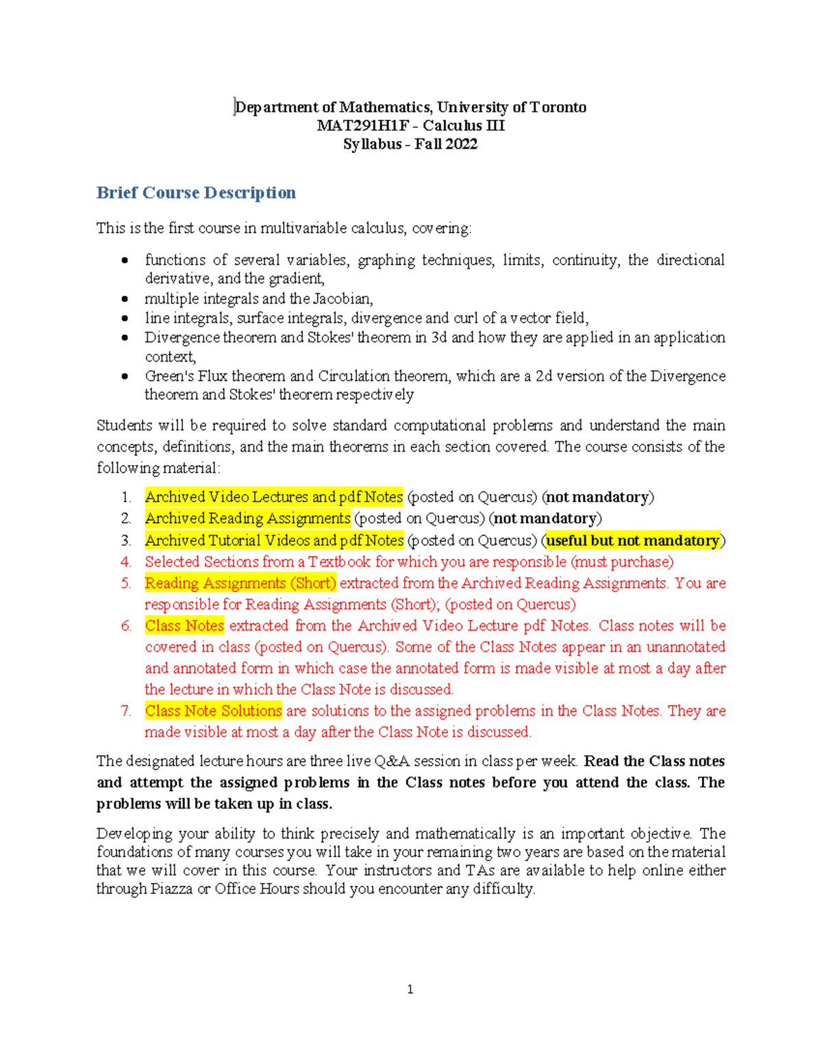 MAT291H1F - Calculus III Course Overview and Syllabus Fall 2022 - Studocu