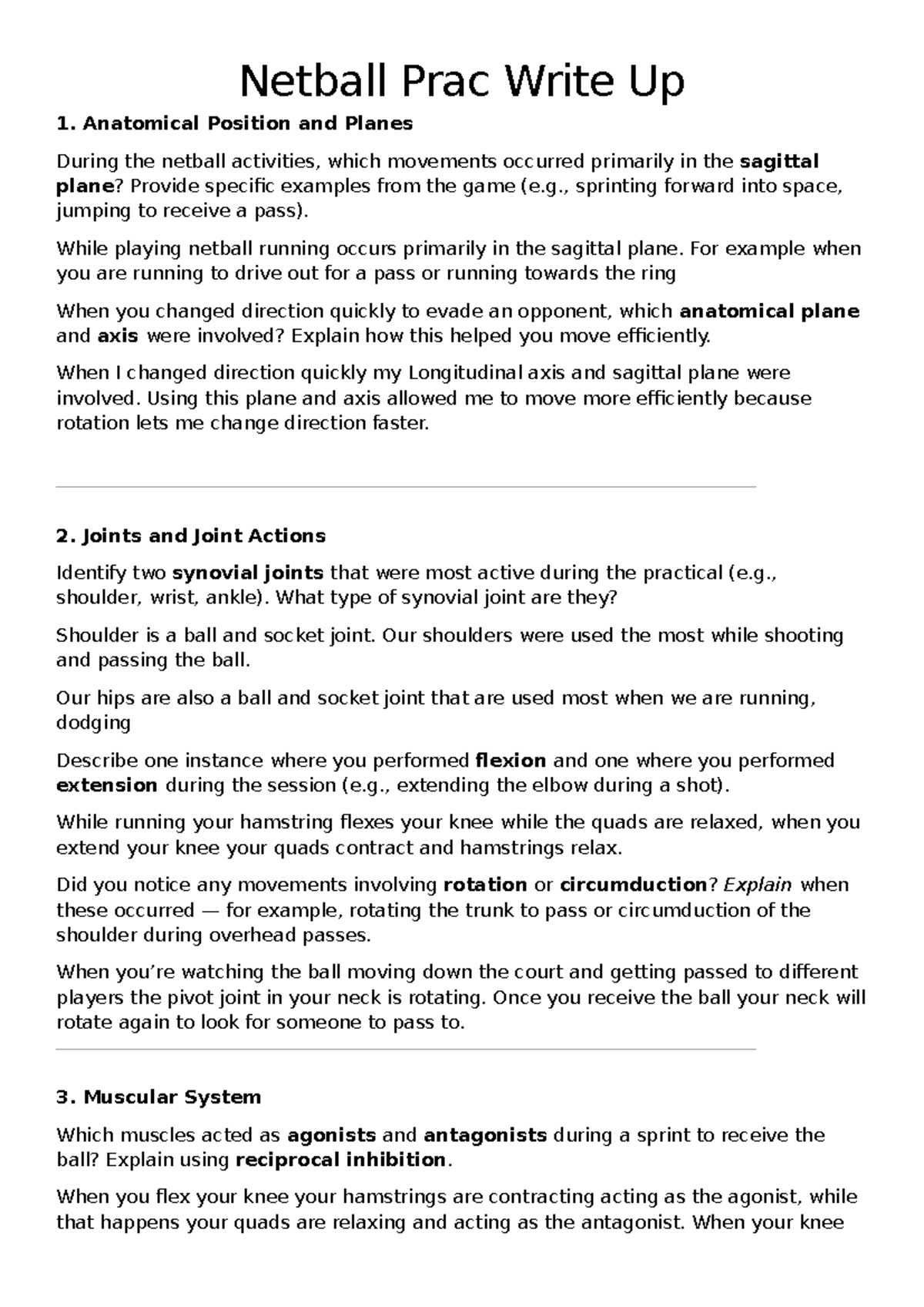 Netball Prac Write Up 1: Anatomical Movements and Mechanics Analysis ...