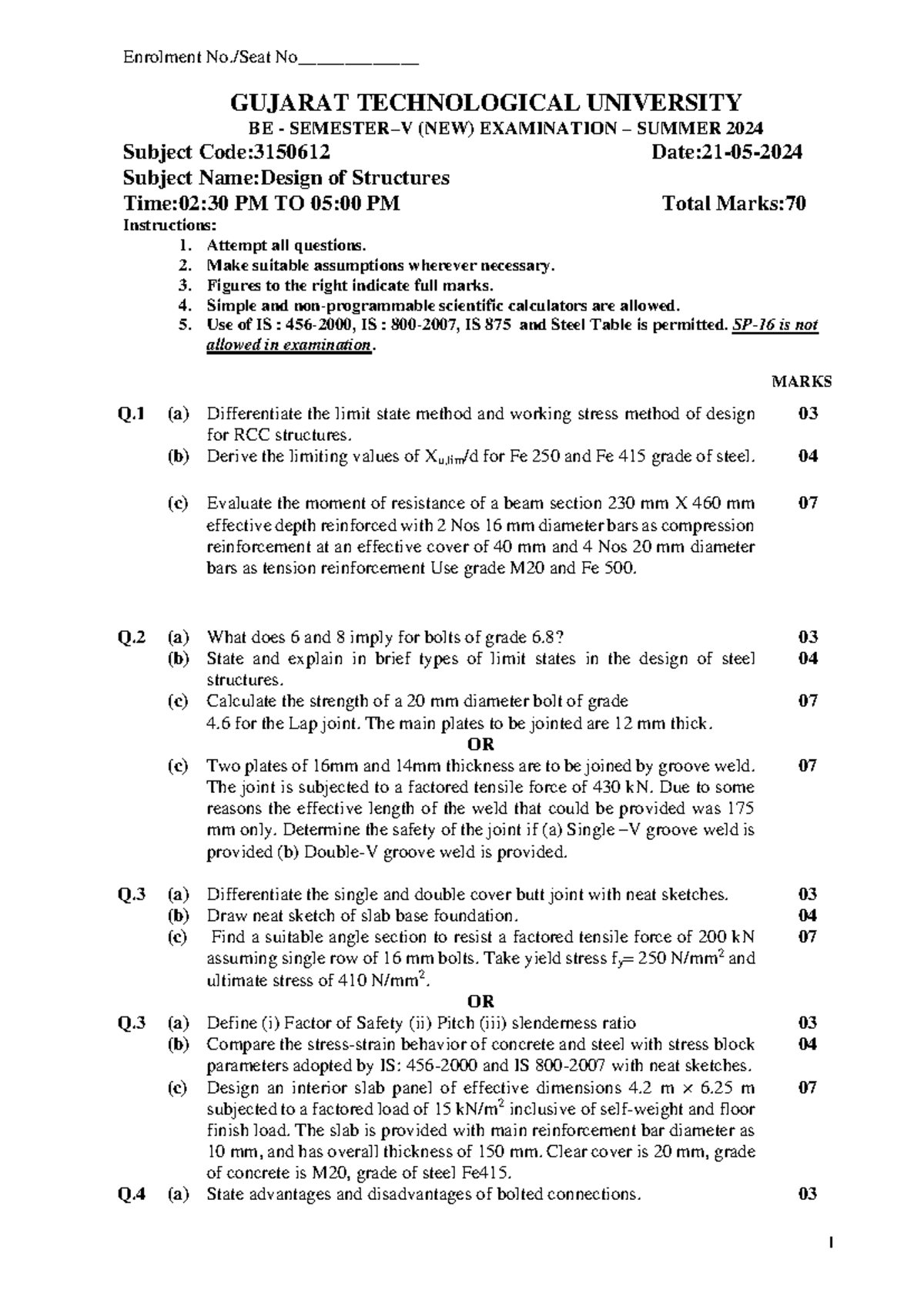DS - S2024 [3150612] Design of Structures Exam Paper Summer 2024 - Studocu