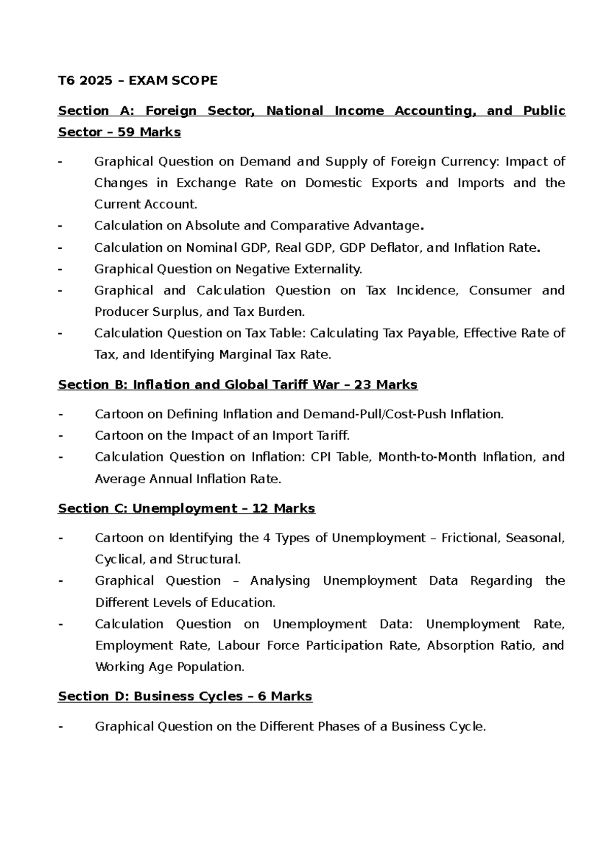 T6 2025 Final Exam Scope: Economics Topics & Key Calculations - Studocu