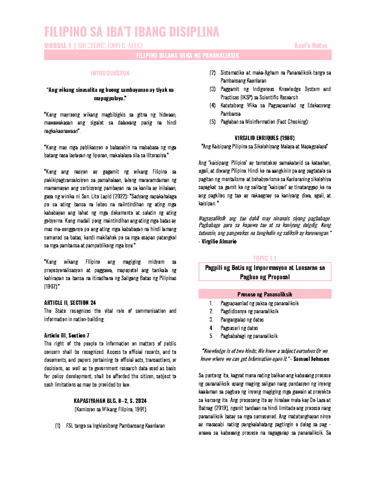 MODULE 1 | FILIPINO BILANG WIKA NG PANANALIKSIK - Study Notes - Studocu