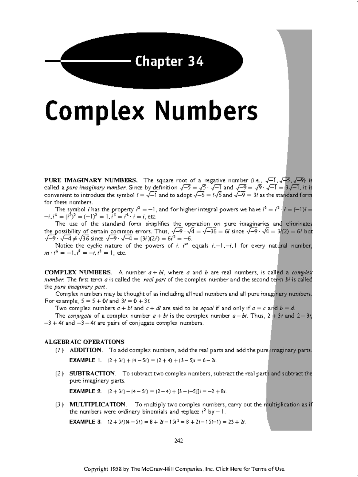 數學作業-34 - 數學作業 - 242 Chapter 34 Complex Numbers PURE IMAGINARY NUMBERS ...