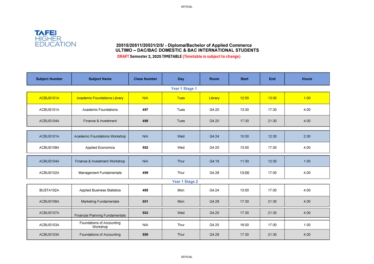 DAC DOM BAC INT Semester 2, 2025 Timetable (Subject to Change) - Studocu