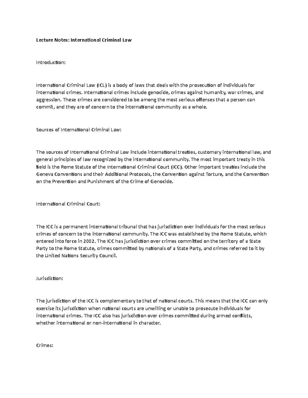 Lecture Notes: Int'l Criminal Law Overview & Key Concepts - Studocu