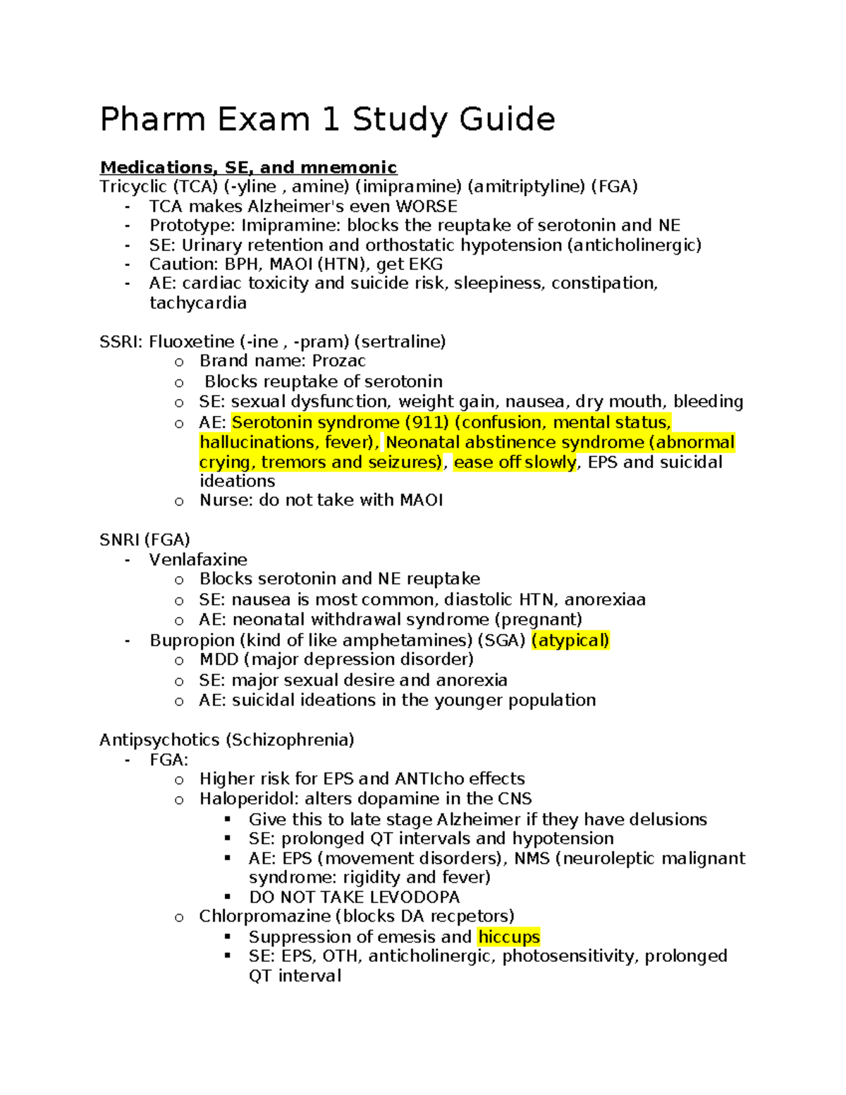 Pharm Exam 1 Study Guide - Pharm Exam 1 Study Guide Medications, SE ...