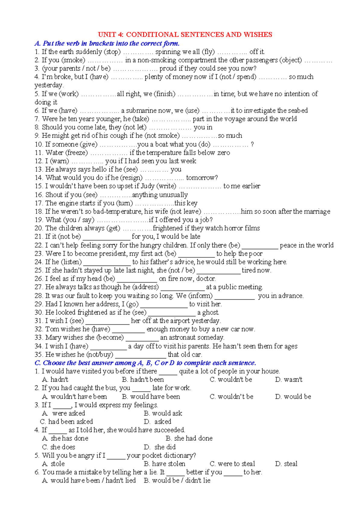 UNIT 4 - Conditional Sentences - UNIT 4: CONDITIONAL SENTENCES AND ...