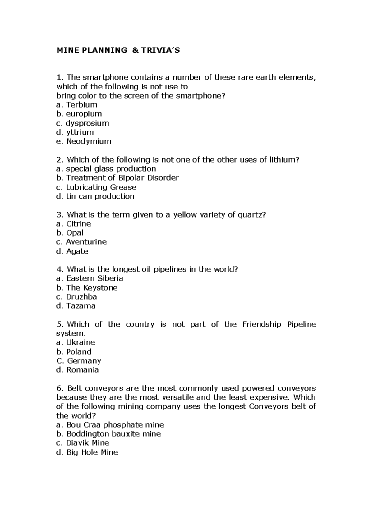 MINE PLANNING 1: Quiz on Mining Concepts and Technologies - Studocu
