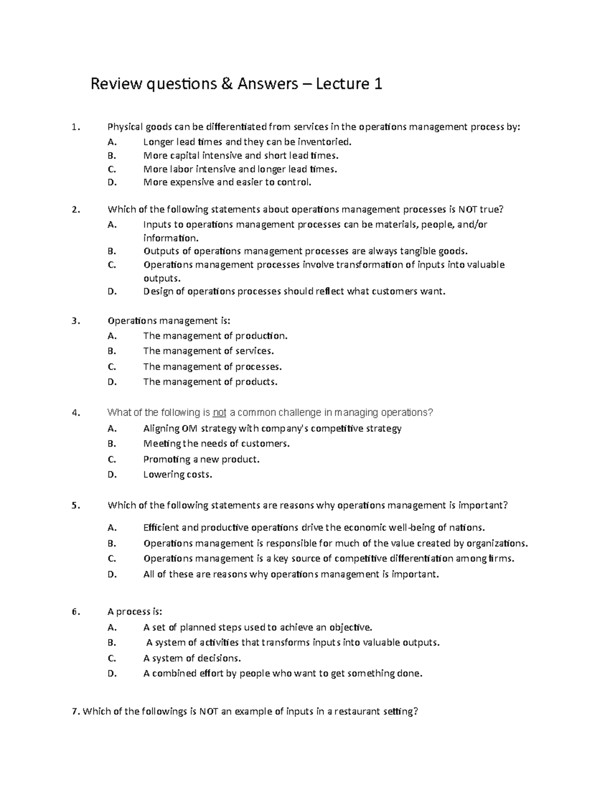 Lecture 1 - Operations Management Review Questions & Answers - Studocu