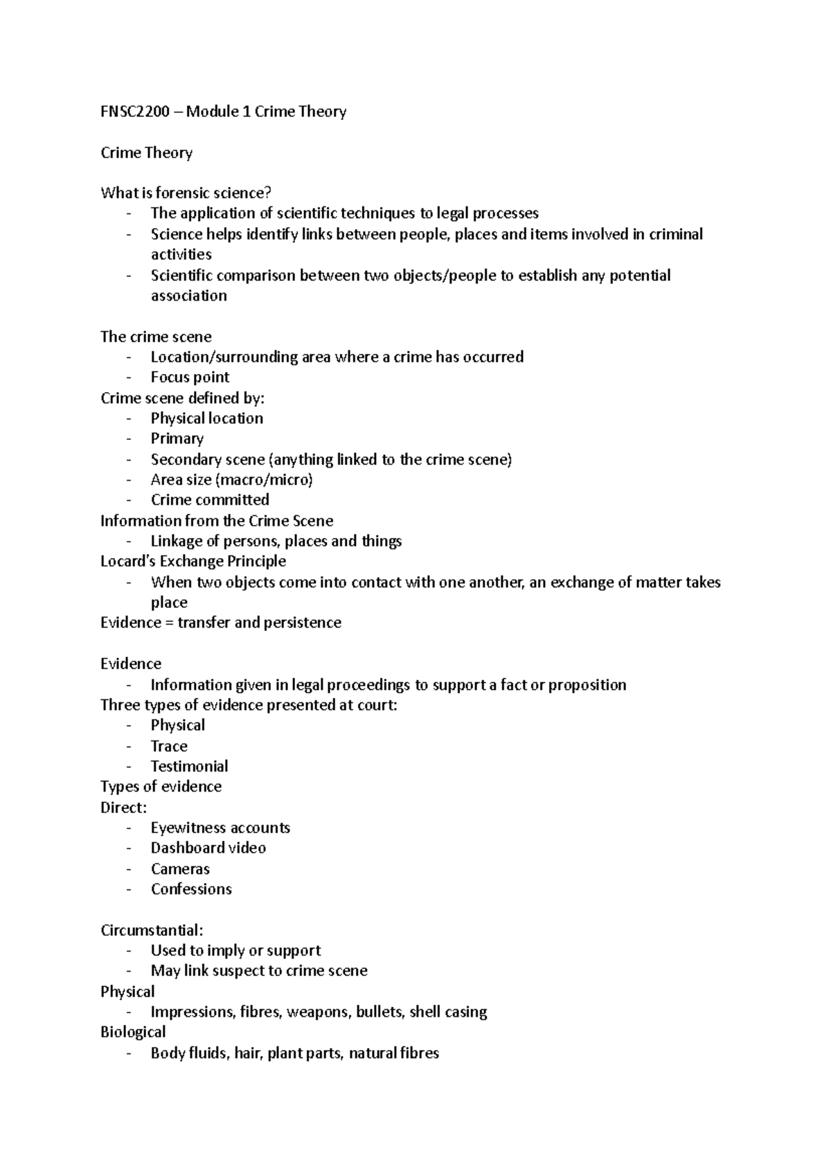 FNSC2200 Crime Theory Module 1: Understanding Evidence & Investigation ...