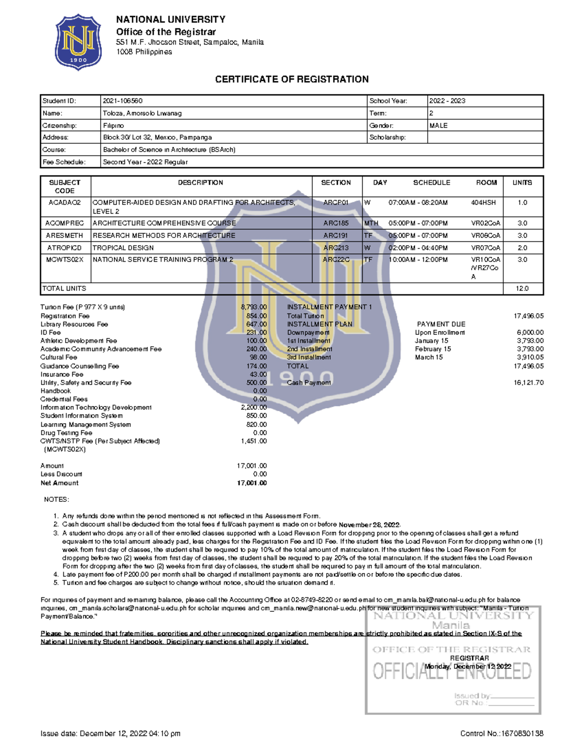 Certificate of Registration for BS Architecture - AY 2022-2023 - Studocu