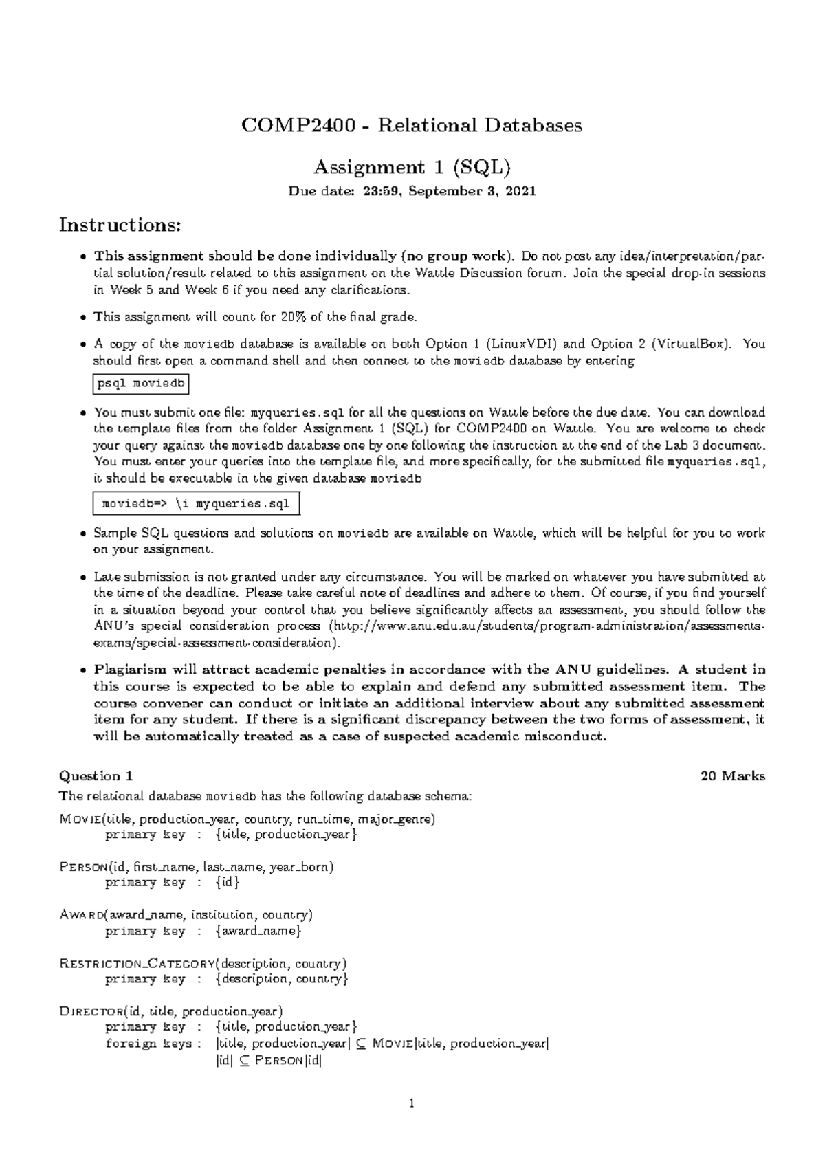 A1 COMP2400 - Relational Databases SQL Assignment 1 Questions - Studocu