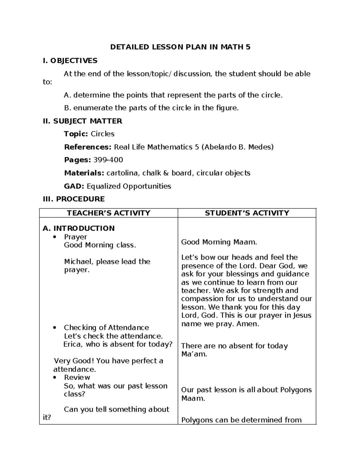 Detailed Lesson Plan: Understanding Circles in Math 5 - Studocu