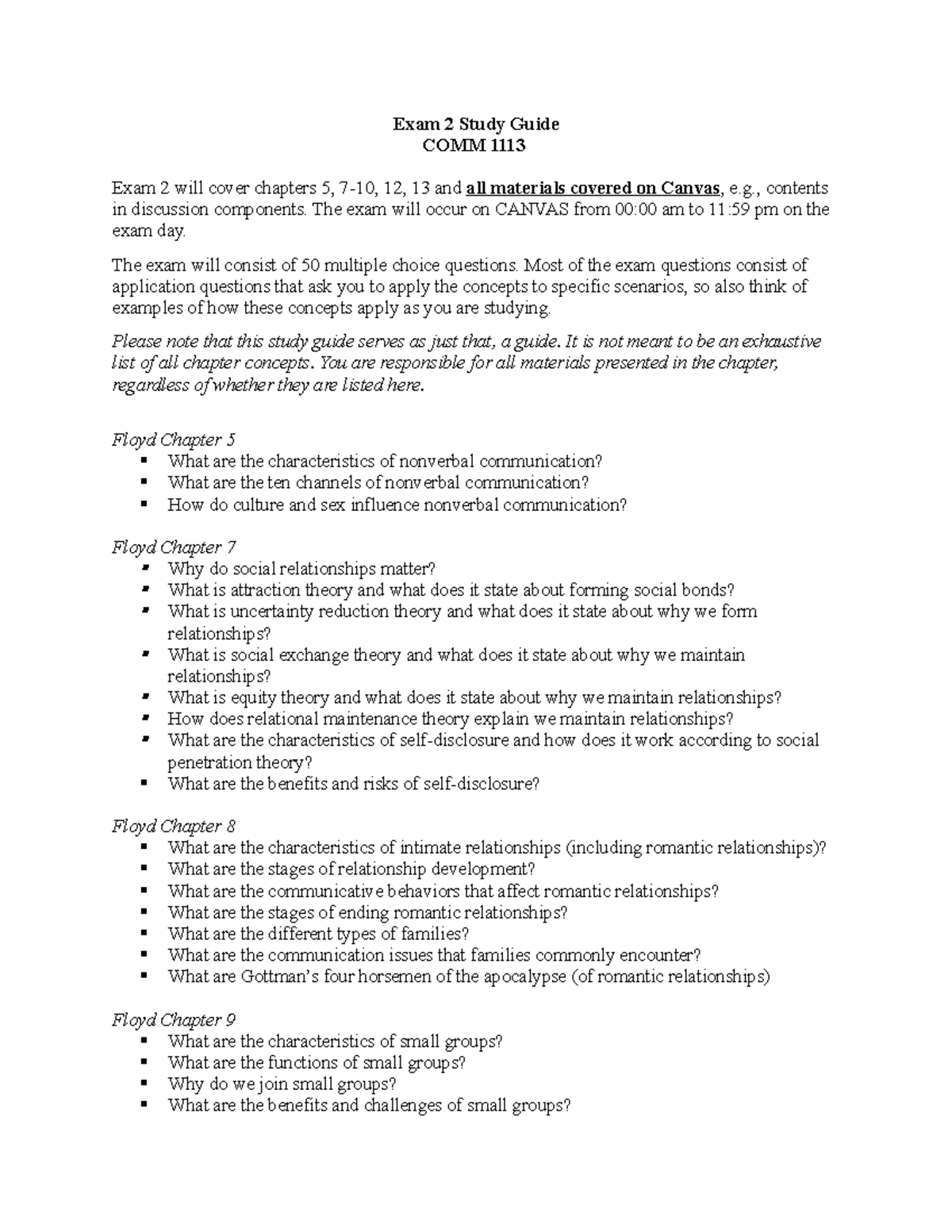 COMM 1113 Exam 2 Study Guide: Key Concepts from Chapters 5-10, 12, 13 ...