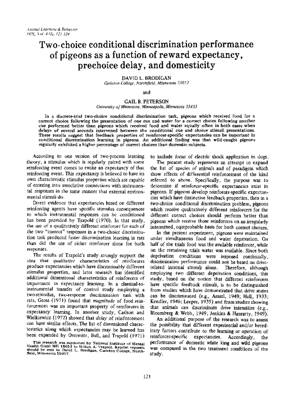 Conditional Discrimination in Pigeons: Expectancy Effects (PSY 1976 ...