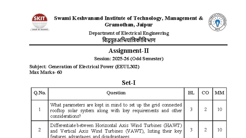 Generation of Electrical Power Assignment (EEUL302) - Odd Semester 2025 ...