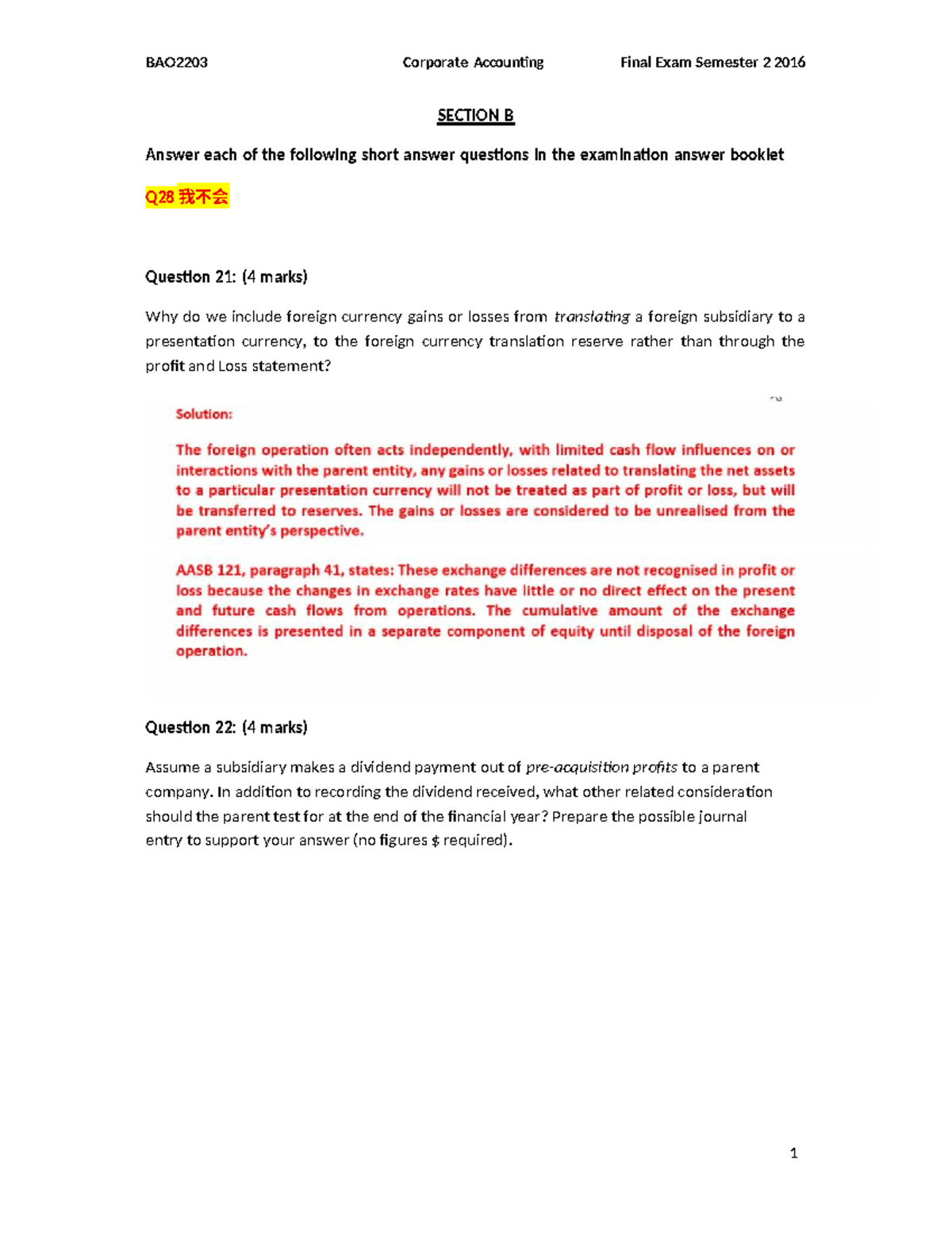 BAO2203 Corporate Accounting Final Exam Sample Questions Semester 2 ...