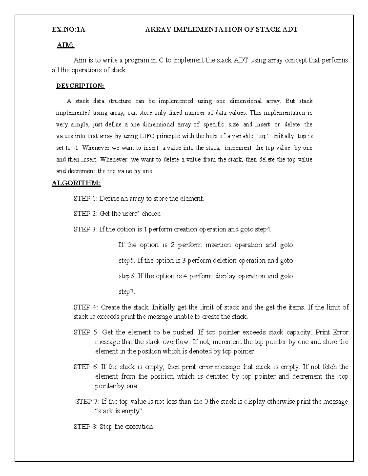 DS lab manual (New) - all expriment with correct example - EX:1A ARRAY ...