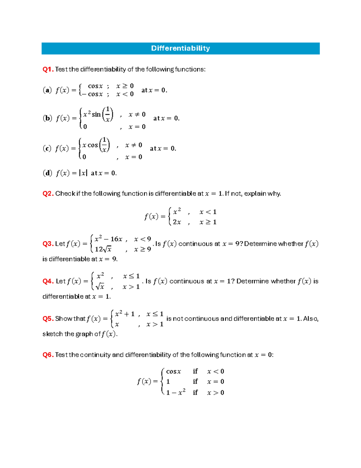 Practice Problem Set (Differentiability) - Q1 to Q6 - Studocu