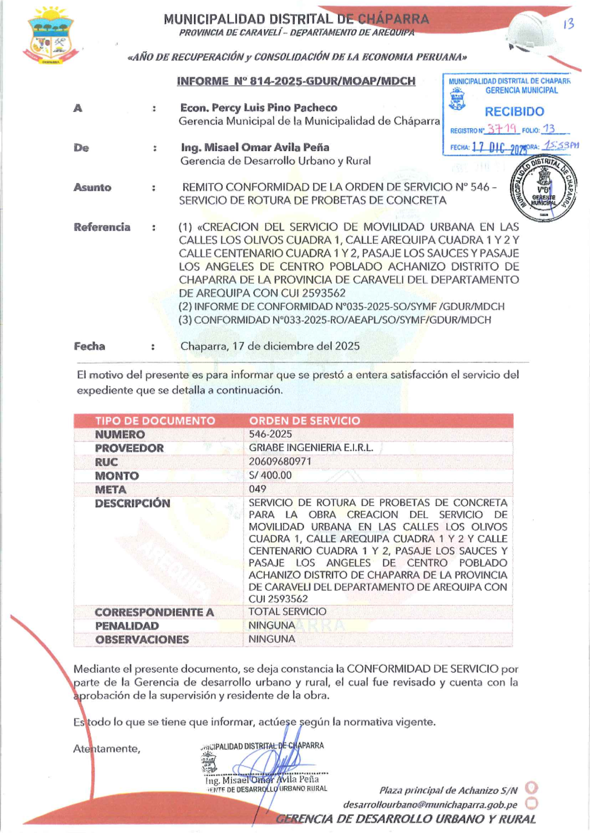 Informe de Conformidad de Servicio de Rotura de Probetas - GRIABE - Document Preview