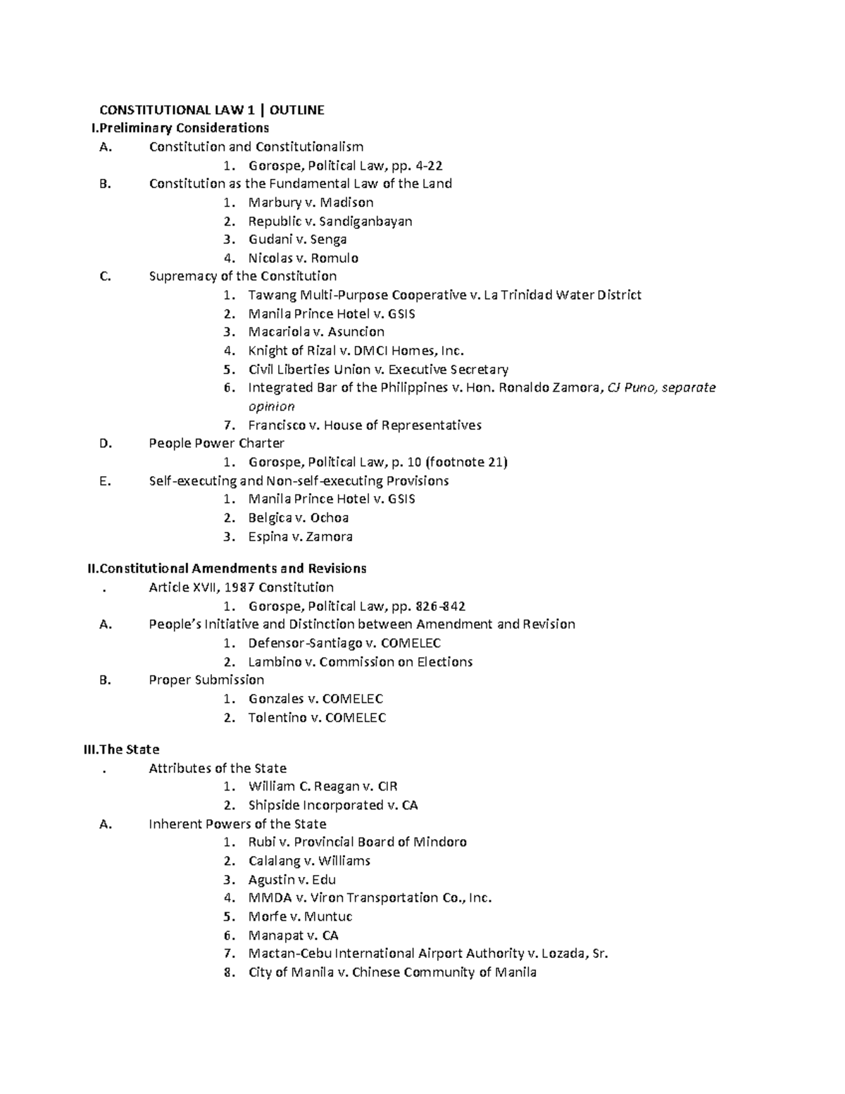 Constitutional Law 1 Outline: Key Concepts and Case Summaries - Studocu