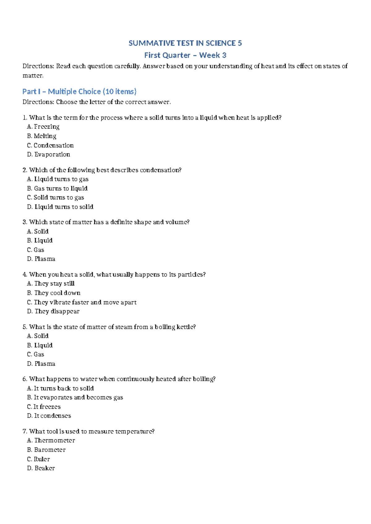 SUMMATIVE TEST IN SCIENCE 5: First Quarter Week 3 - Studocu