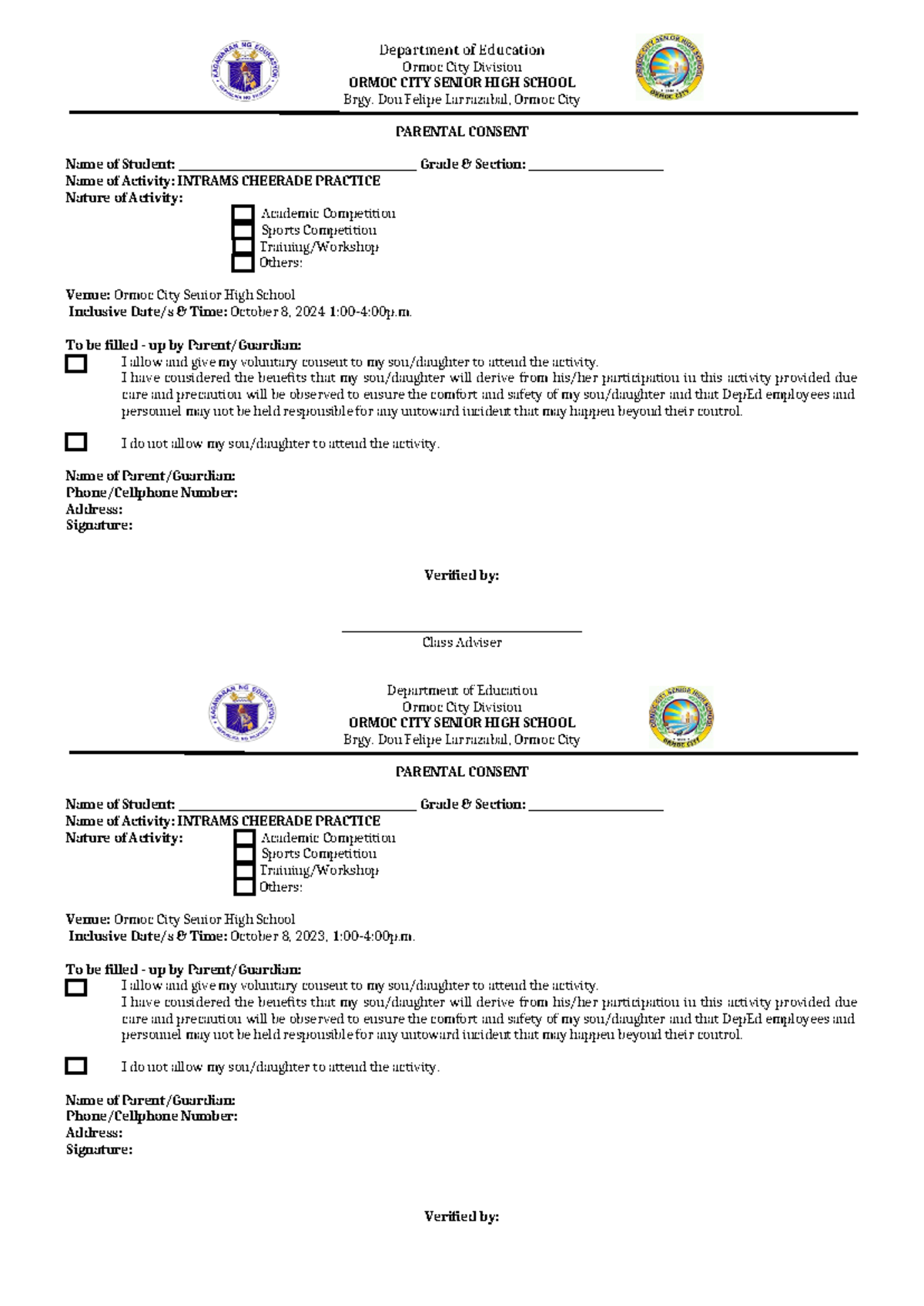 Parental Consent Form for Intrams Cheerade Activity - ORMOC SENIOR HIGH ...