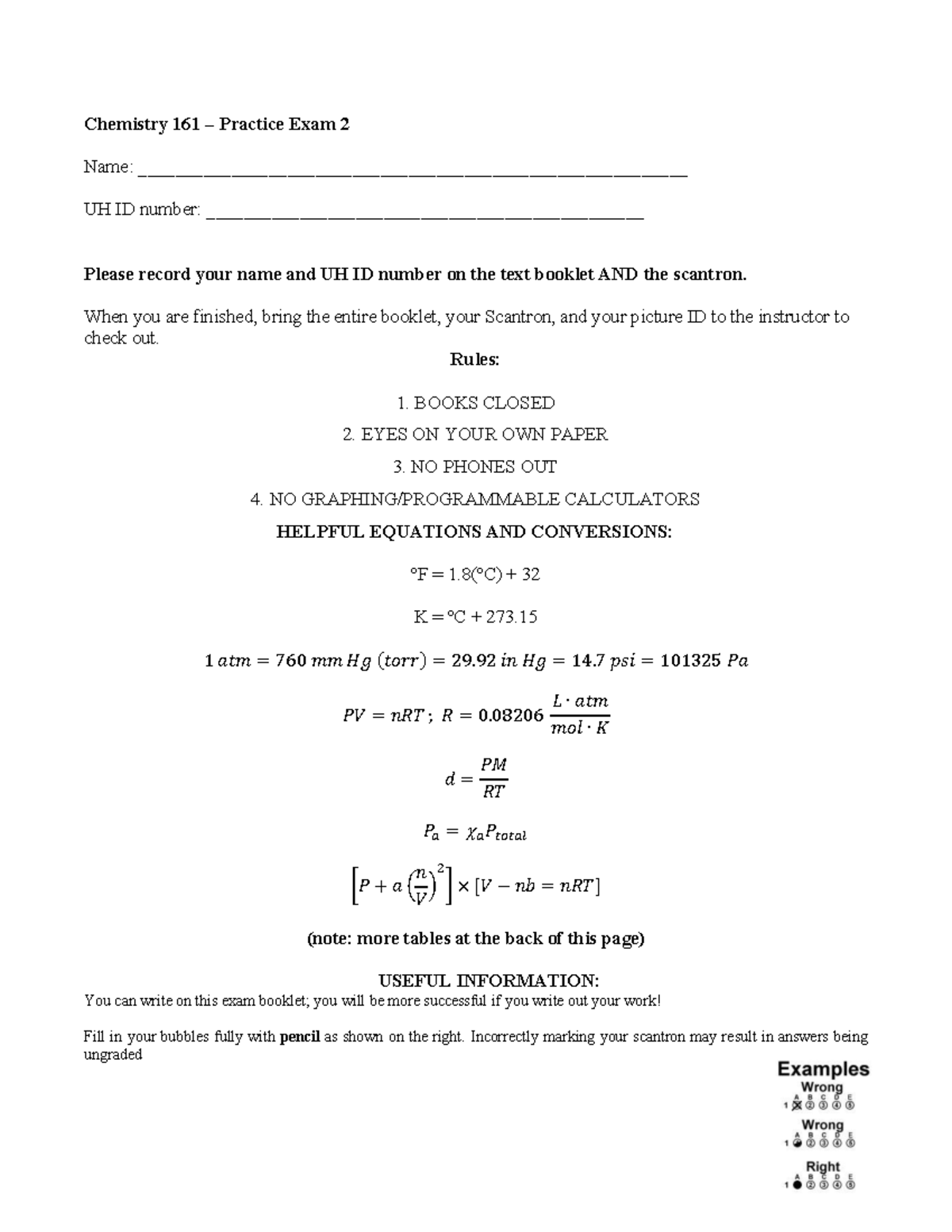 Chemistry 161 Practice Exam 2: Key Concepts and Problem Solving - Studocu