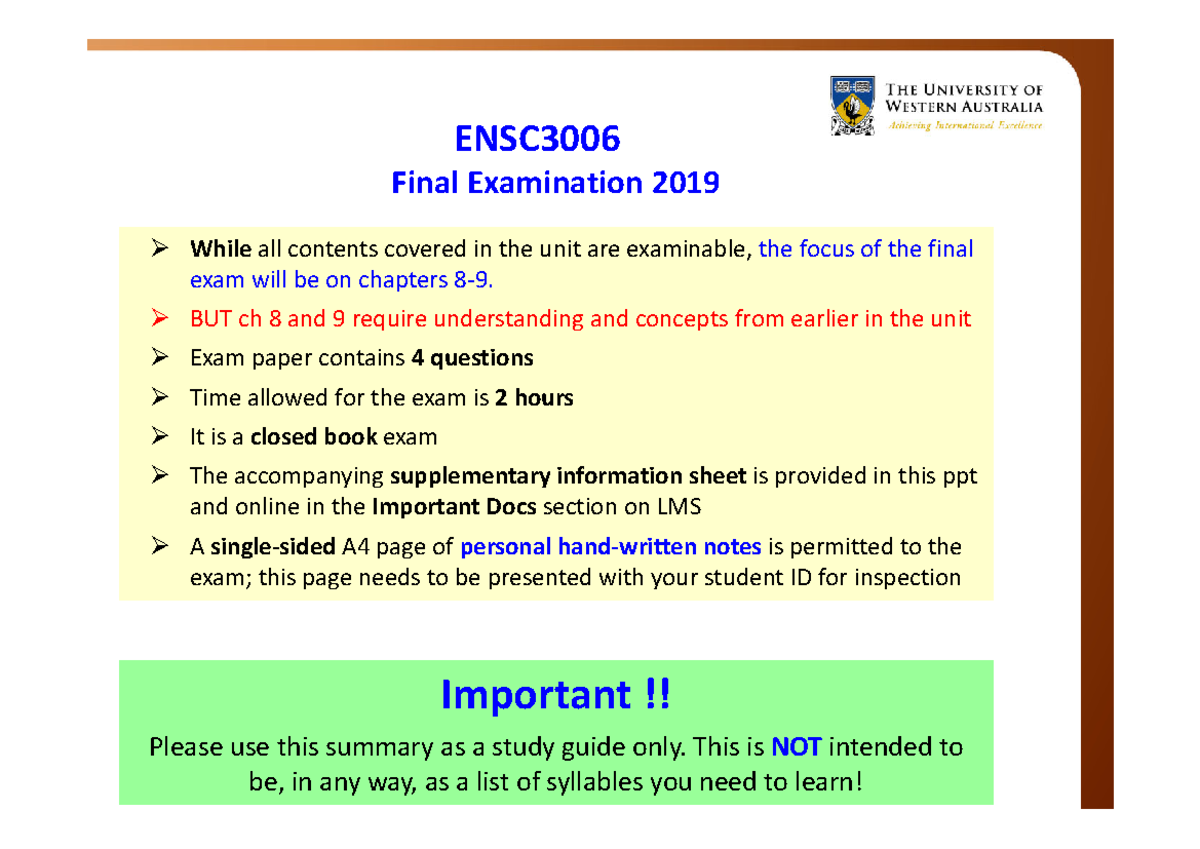 ENSC3006 Final Revision 2019 - ENSC Final Examination While all ...