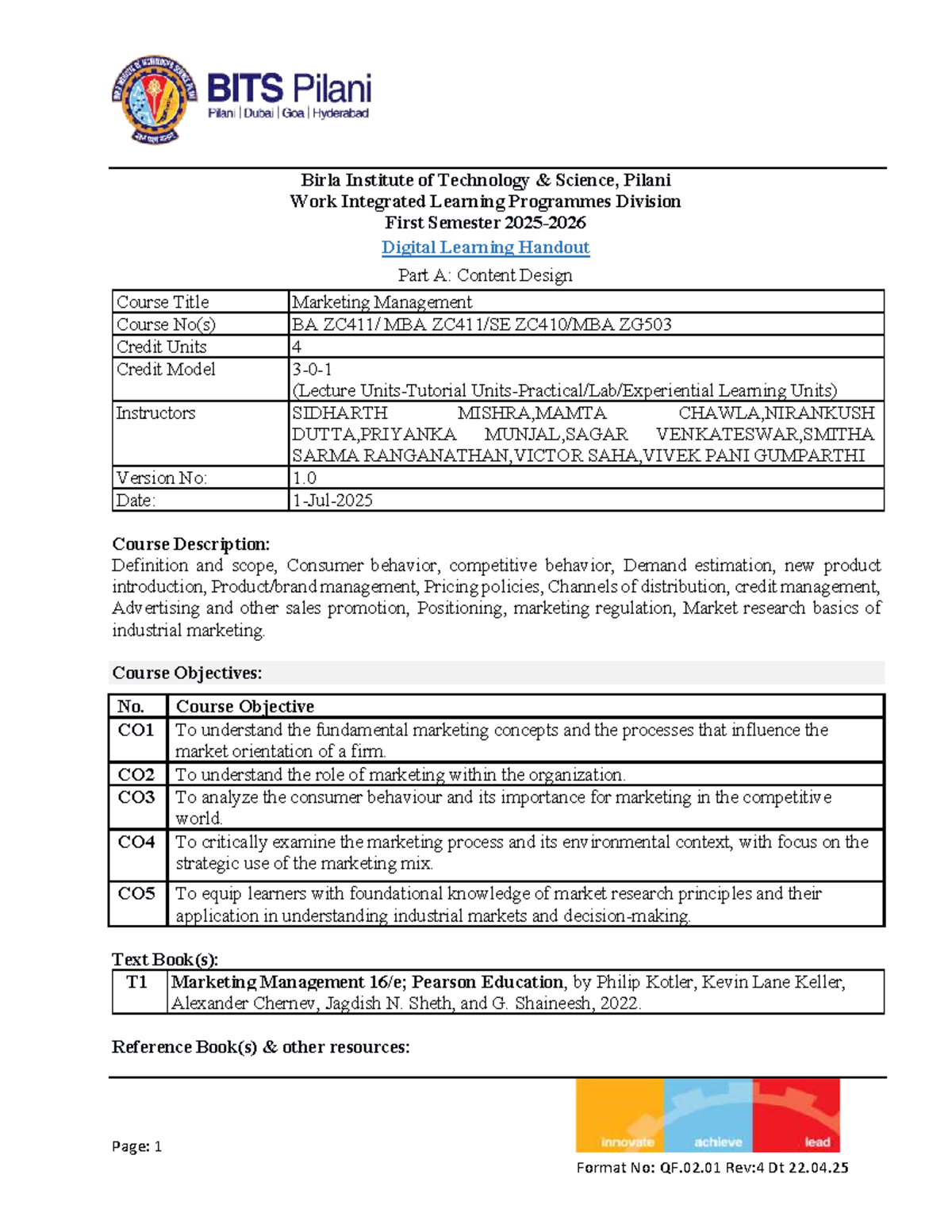 Marketing Management BA MBA ZG503 Course Handout 1 - Studocu
