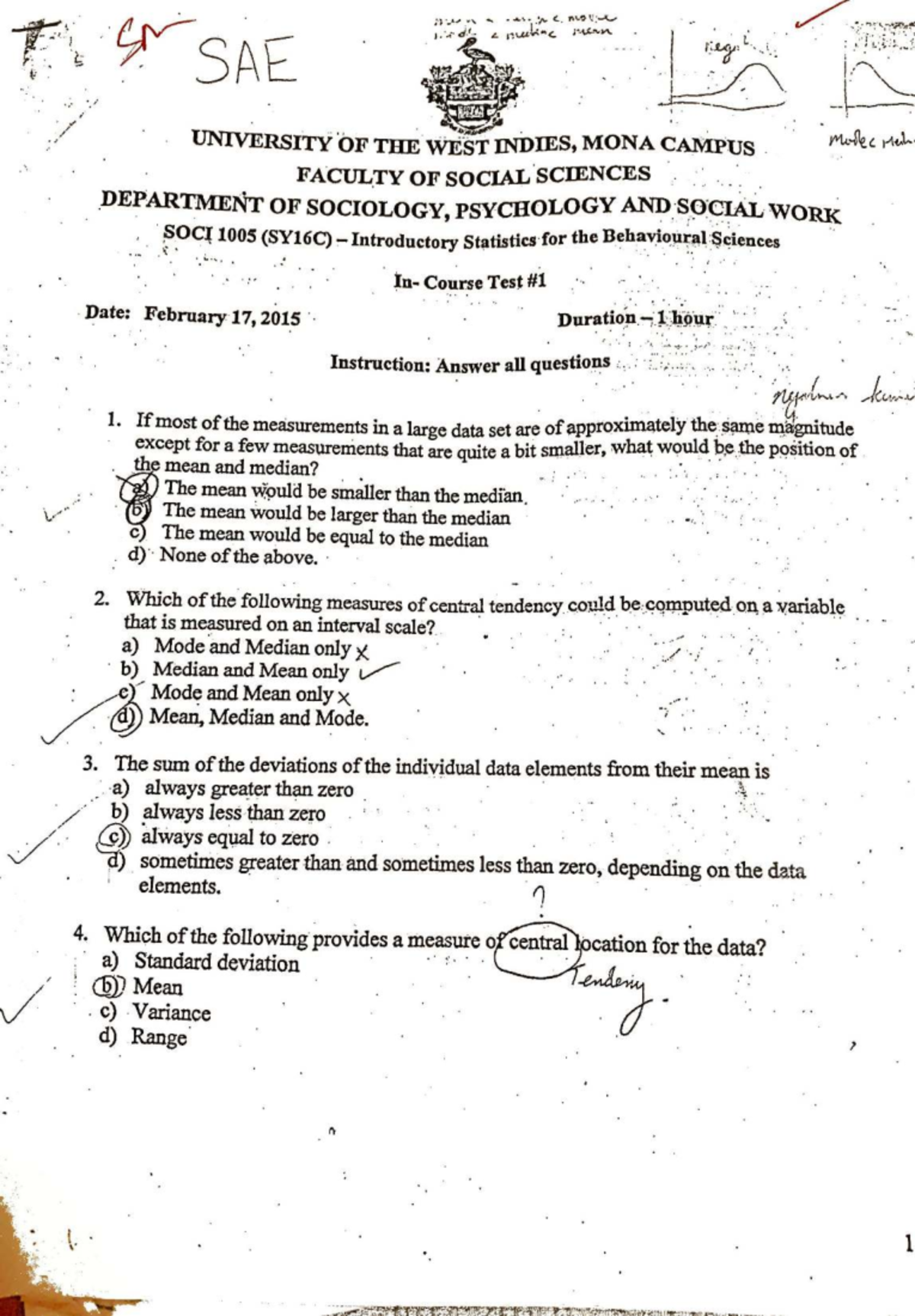 SOCIO 1005 (SY16C) Introductory Statistics Course Test Practice Papers ...