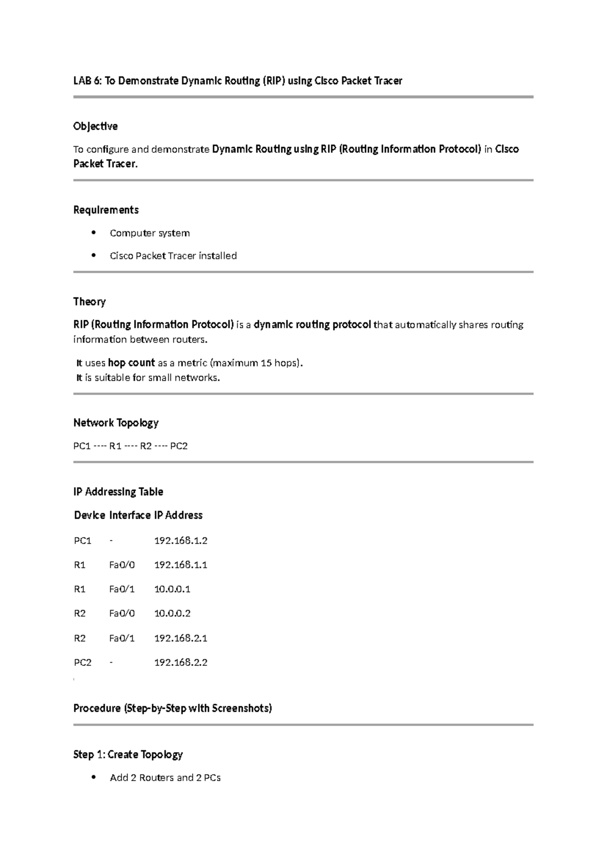 LAB 6: Dynamic Routing with RIP in Cisco Packet Tracer - Studocu