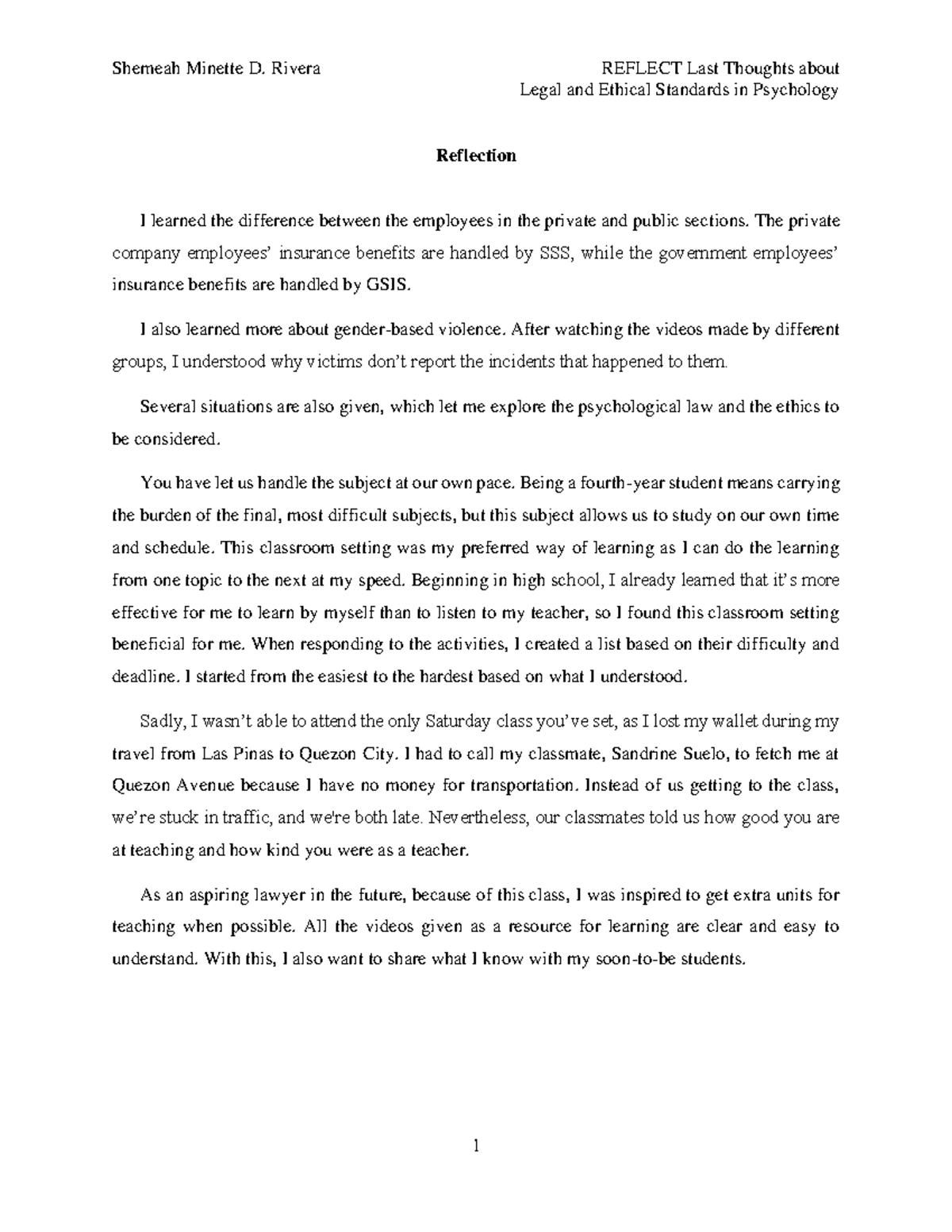 Legal Psychology Reflection - Insights by Shemeah Minette D. Rivera ...