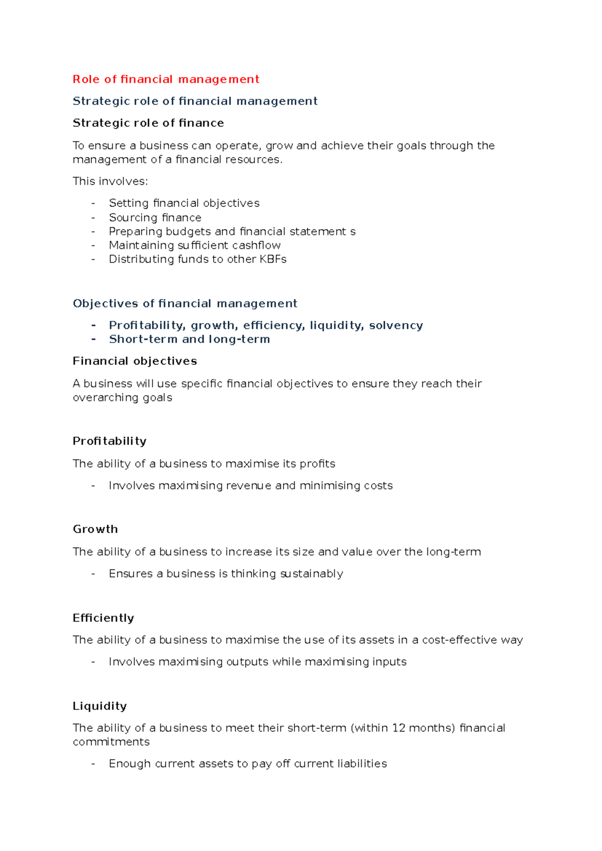 Finance HSC Notes: Strategic Role of Financial Management - Studocu