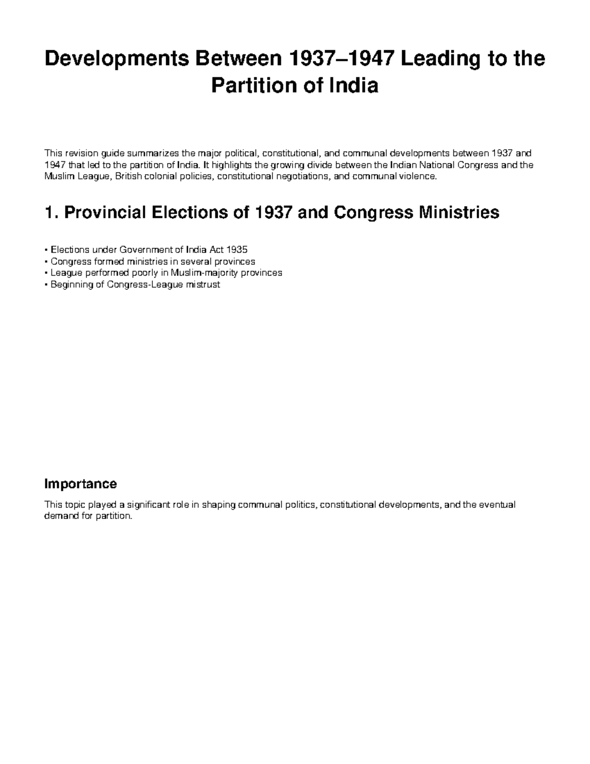Partition of India: Key Developments (1937-1947) Revision Guide - Studocu