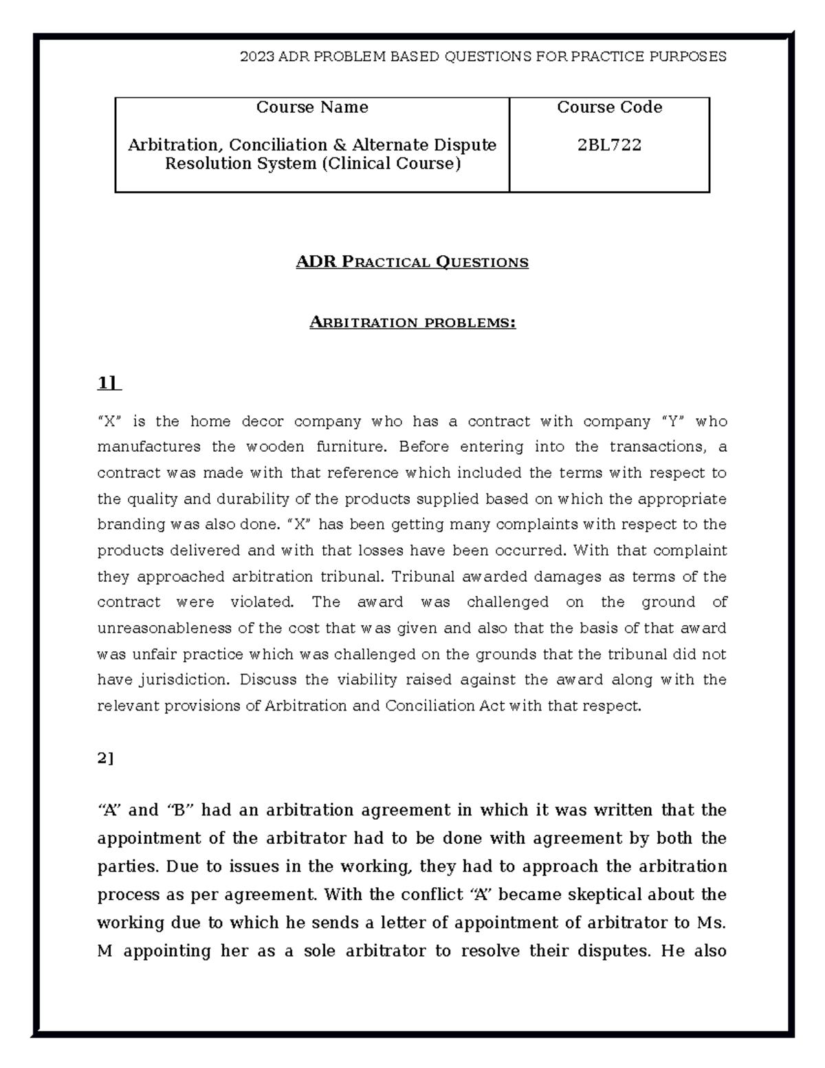 ADR Practical Problem - Course Name Arbitration, Conciliation ...