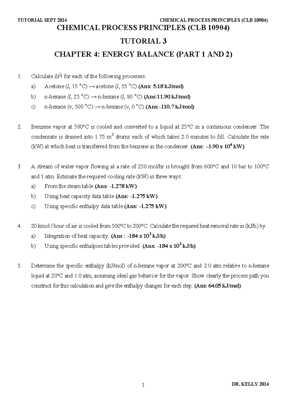 Tutorial 4: Energy Balance Calculations (CLB 10904) - Chemical Process ...