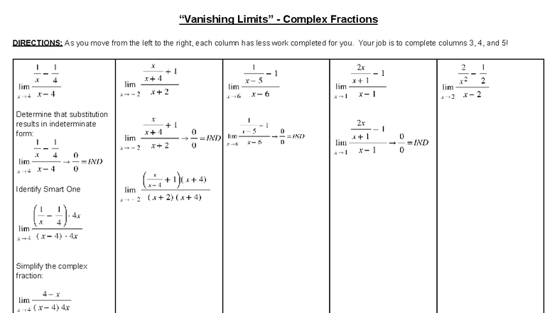 1.3 Limits Stations - Complex Fractions - “Vanishing Limits” - Complex ...