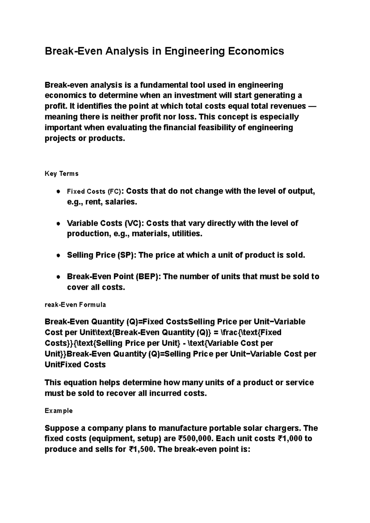 Break-Even Analysis in Engineering Economics (ENG 101) - Studocu
