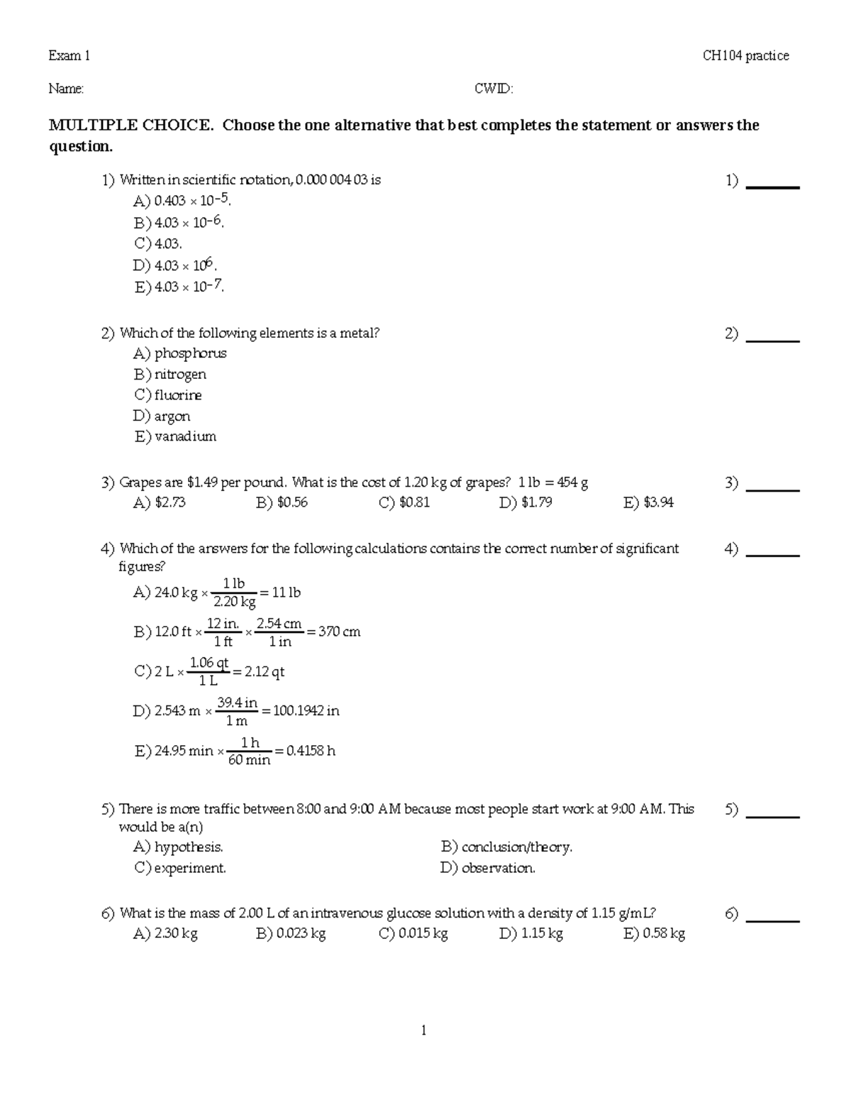 CH104 Practice Exam 1 Review Questions and Answers - Studocu