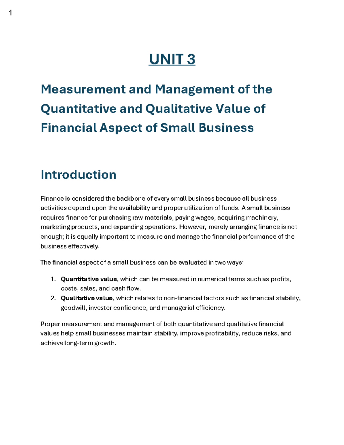 Unit 3: Measurement & Management of Financial Aspects in Small Business ...