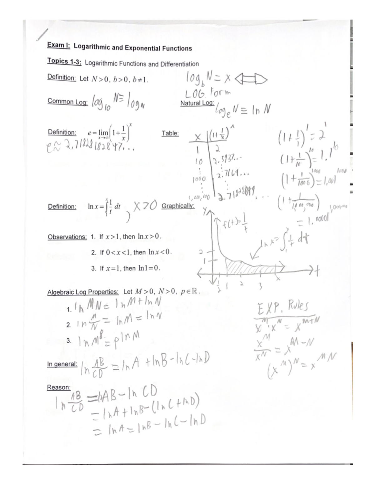 Calc Notes 2 - Exam I: Logarithmic and Exponential Functions Topics ...