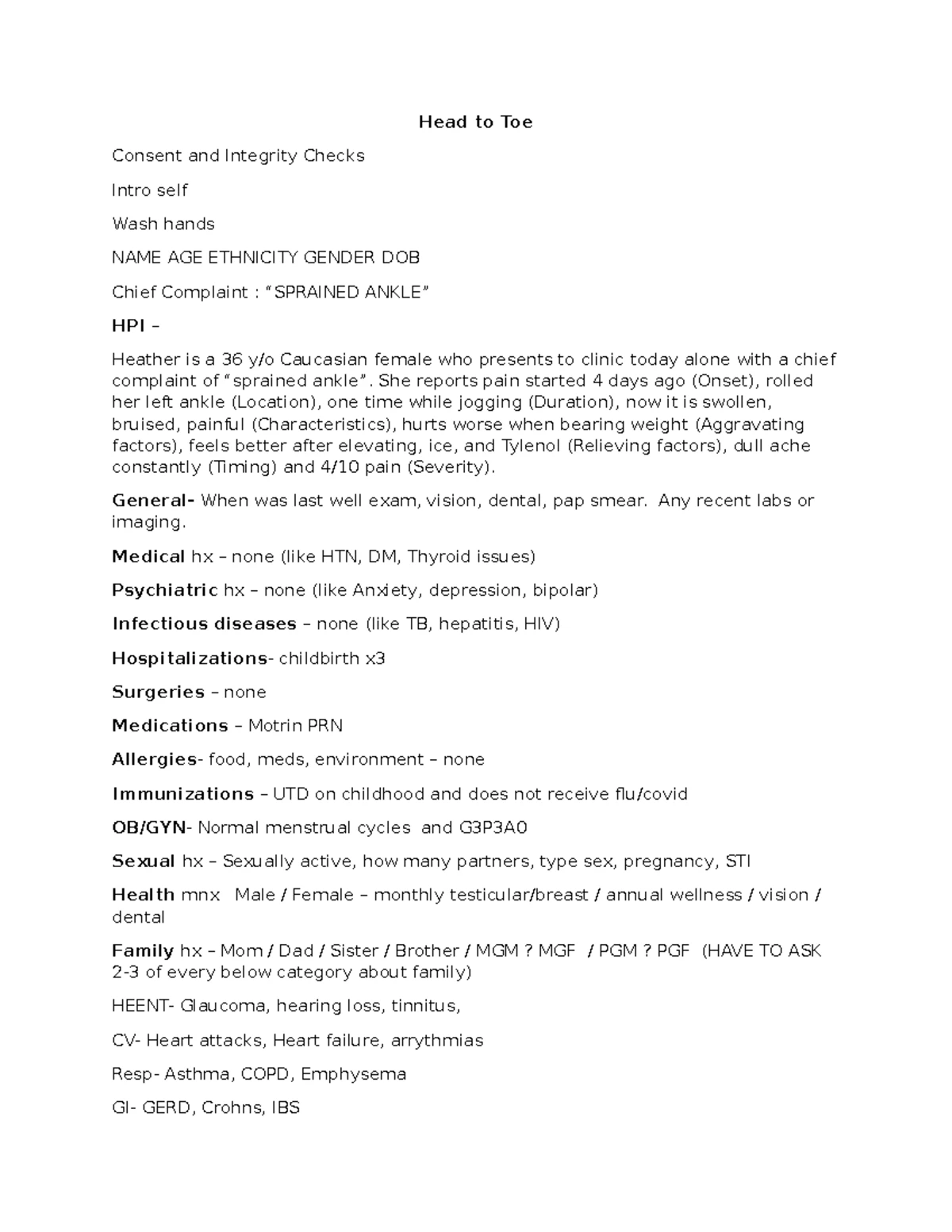 Head to Toe Example - Script Outlines for Patient Assessment - Studocu