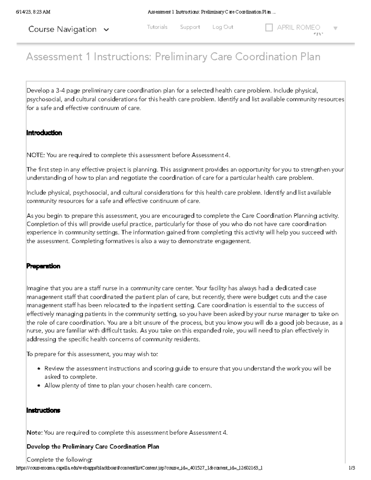 Preliminary Care Coordination Plan Instructions for Assessment 1 - Studocu
