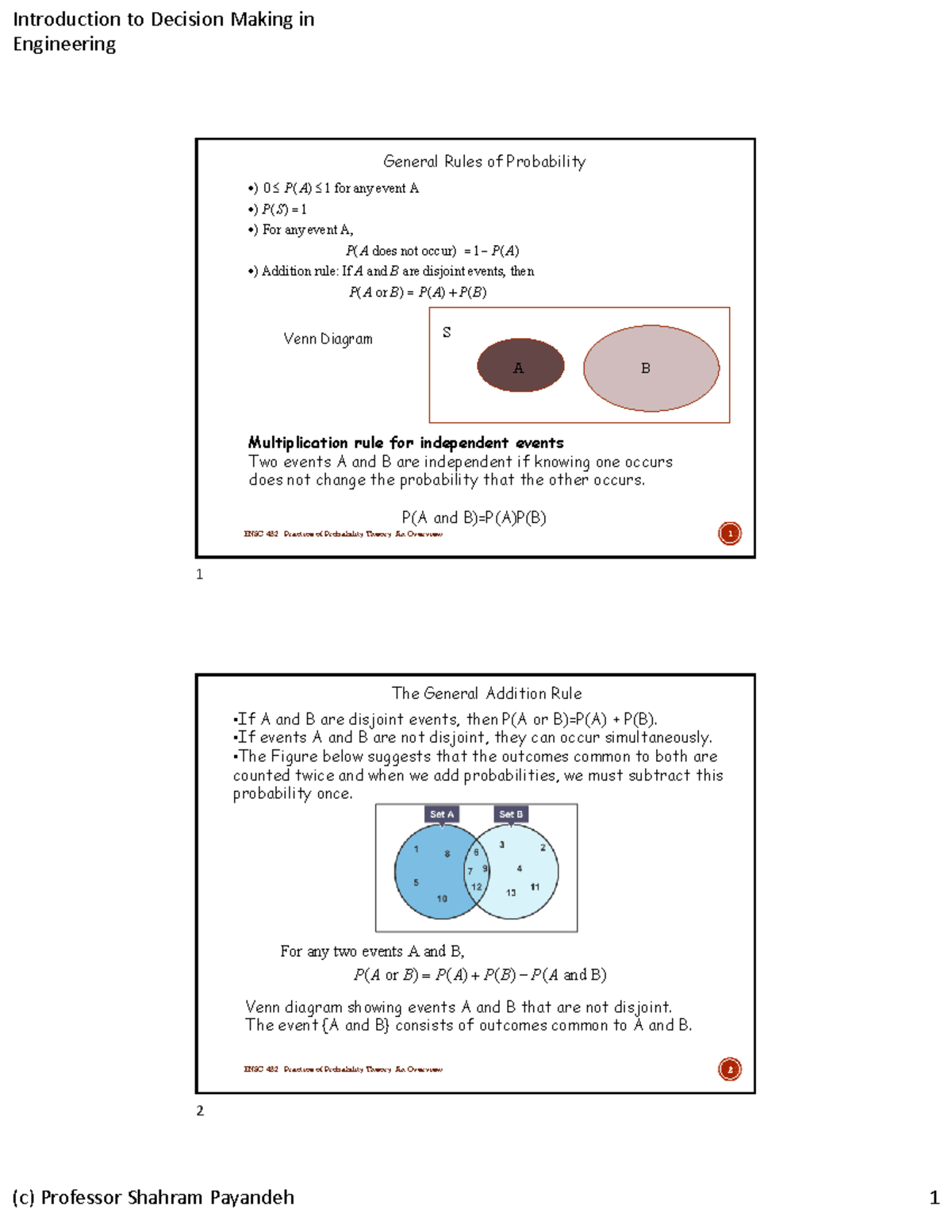 ENSC 482: Lecture Notes on Probability Theory and Decision Making - Studocu