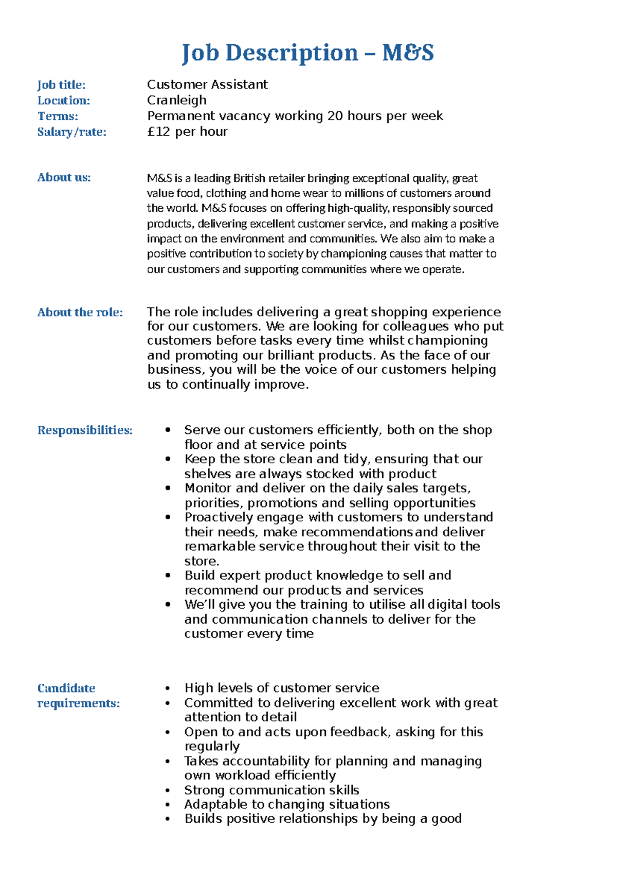 Job Description: Customer Assistant at M&S (Permanent Part-Time) - Studocu