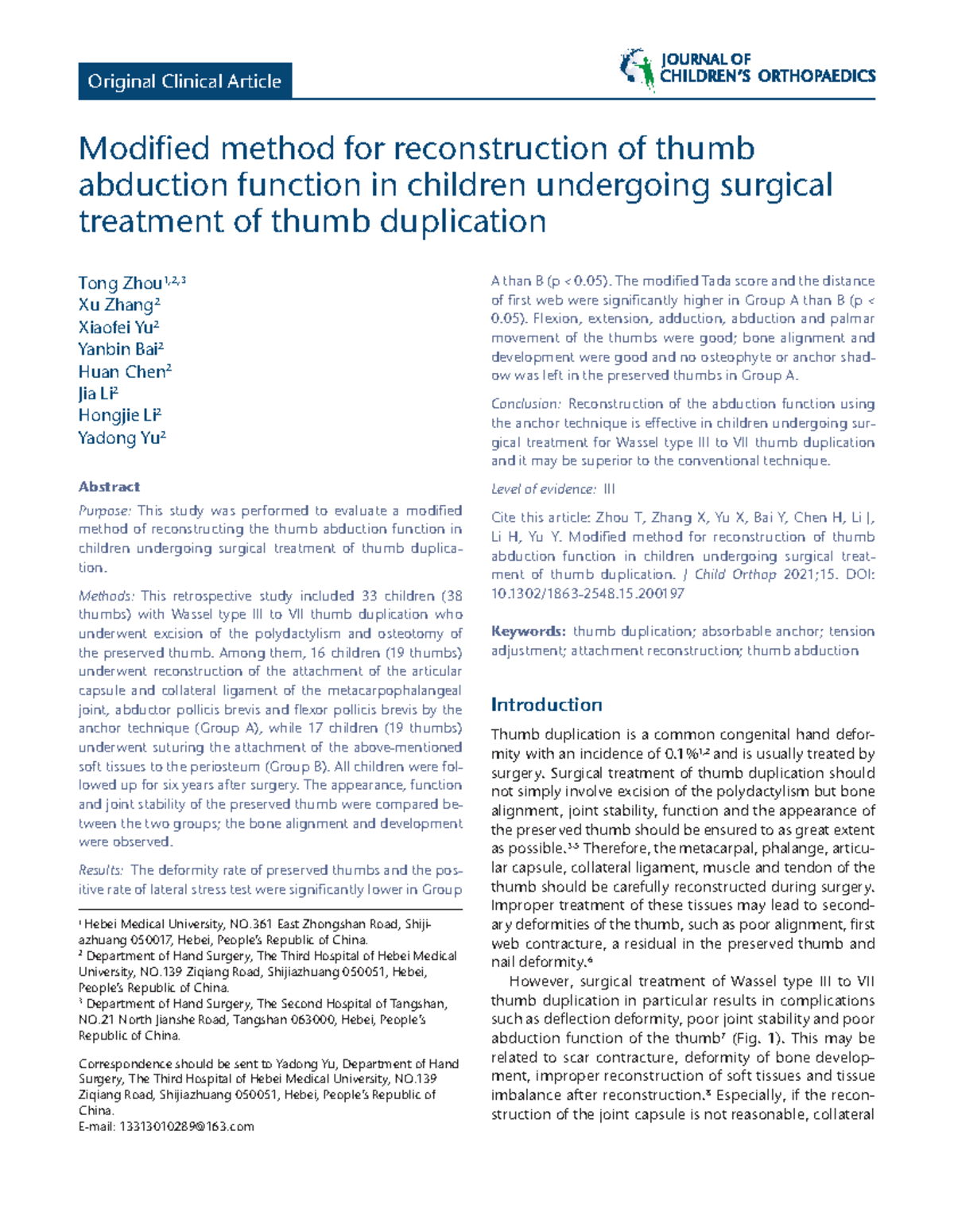 Modified Method for Thumb Abduction Reconstruction in Children (J Child ...